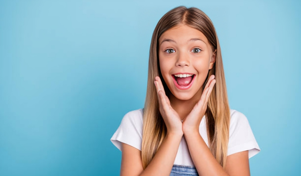 Excited young girl with hands to face smiling against blue background for pediatric dentistry practice.